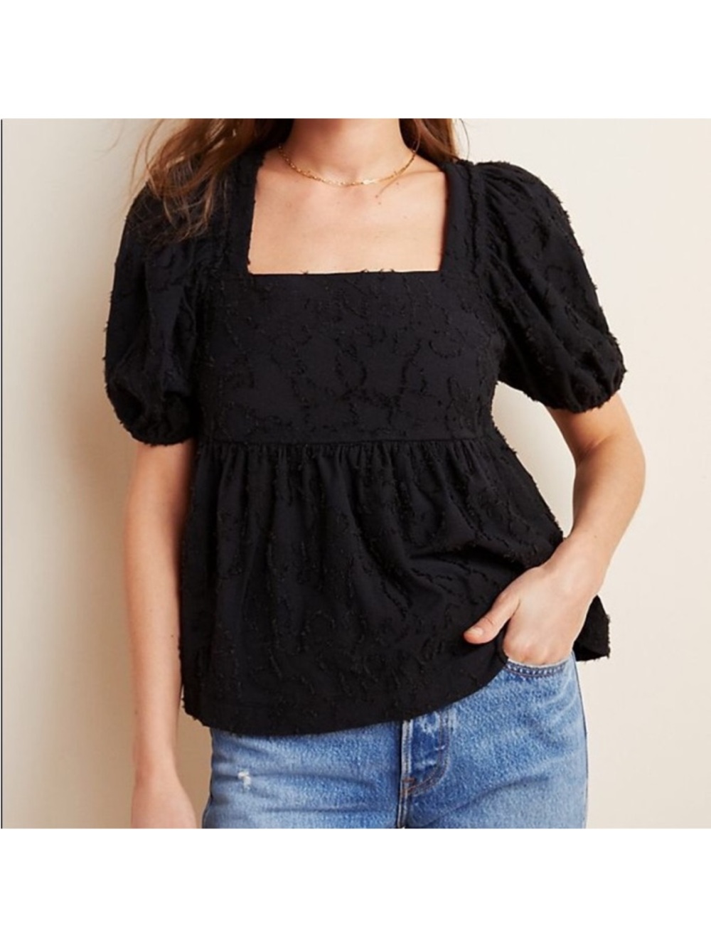 Anthropologie Black Square-Neck Puff Sleeve Babydoll Top